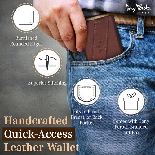 Vista 5 de Tony Perotti Billetera de piel italiana de acceso rápido para hombres, billetera RFID ultra delgada con deslizador de tarjeta desplegable y funda