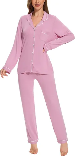 Vista 2 de Juego de pijama con botones para mujer, de manga larga, ropa de dormir suave, conjunto de ropa de descanso, tallas XS-XXL bean paste