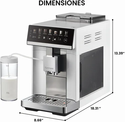Vista 7 de Kenmore Cafetera de Café Completamente Automática - con Molinillo, Espumador de Leche y Vaporizador, Tamper Automático, Máquina de Espresso Blanco