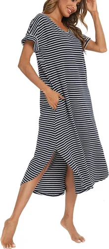 Vista 2 de AVIIER Camisón largo de algodón con cuello en V para mujer, ropa de dormir de manga corta