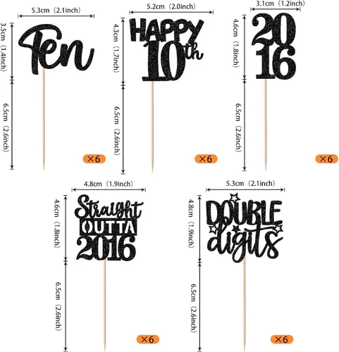 Vista 2 de 30 piezas negras para cupcakes de 10.º cumpleaños con purpurina Ten Happy 10 Straight Outta 2016 para saludos a 10 años 10 cumpleaños, boda Negro