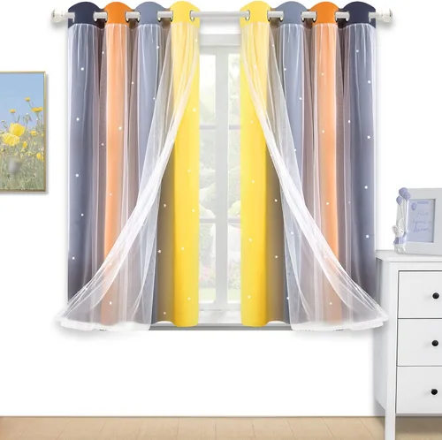 Vista 12 de Cortinas opacas con recorte de estrellas y arcoíris para guardería/habitación de niños/niñas, con superposición de tul, 2 paneles, cada una de 52