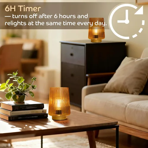 Vista 3 de Lámpara a pilas con temporizador, juego de 2 pequeñas y acogedoras lámparas de mesa decorativas de vidrio ambiental para mesita de noche y Ámbar