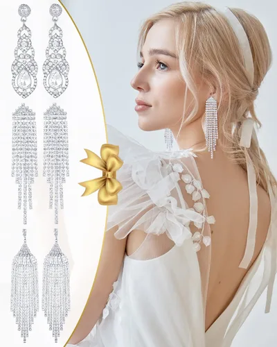 Vista 3 de 6 pares de aretes de diamantes de imitación, aretes de araña para mujer, aretes largos de borla para novia, niñas, joyería para boda, cena, fiesta