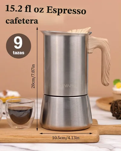 Vista 6 de Sivaphe - Cafetera espresso para estufa de acero inoxidable, capacidad de 9 tazas, olla moca de 450 ml, cafetera con filtro de acero y junta de 9