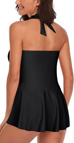 Vista 2 de Omichic Traje de baño tankini halter de dos piezas para mujer, con control de abdomen, cuello en V, con pantalones cortos