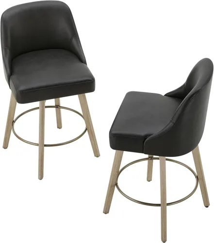 Vista 8 de Juego de 2 taburetes de bar de altura de mostrador, modernos taburetes de bar giratorios con respaldo y patas de madera, sillas de bar tapizadas