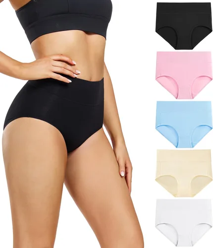 Vista 9 de wirarpa Ropa interior para mujer, de cintura alta, de algodón, suave, cobertura completa, paquete de 5