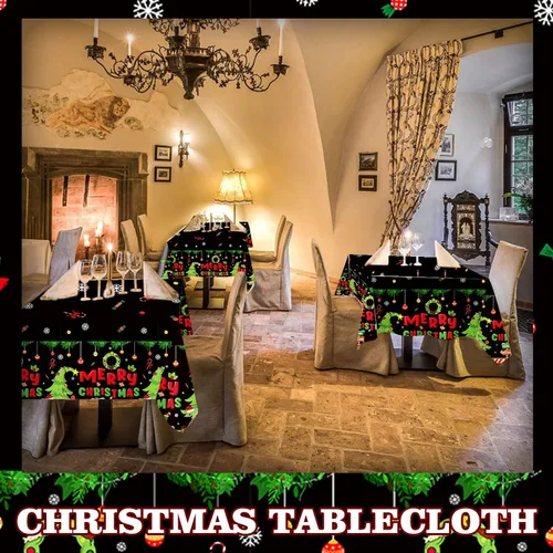 Vista 4 de 2 piezas de manteles desechables de Navidad, 108" x 54" rectangulares de plástico impermeable con patrones novedosos de calcetín navideño, corona