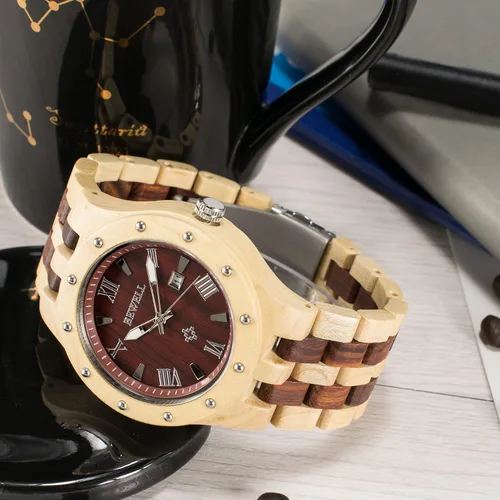 Vista 3 de Bewell Relojes de madera para hombre, reloj de pulsera luminoso de cuarzo analógico hecho a mano