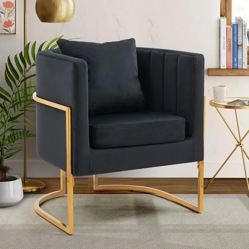 Vista 16 de Silla moderna de cuero, sillón tapizado de mediados de siglo con almohada para sala de estar, cómoda silla de tocador individual con patas doradas