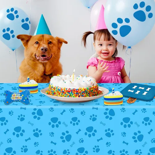 Vista 5 de DUAIAI Mantel con estampado de patas, 1 paquete de plástico de tamaño grande de 54 x 108 pulgadas, mantel con estampado de pata de perro y letrero
