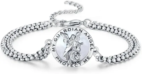 Vista 112 de Pulsera unisex de San Miguel/Cristóbal/Benedicto/Jude/José/Guadalupe/Ángel de la Guarda/Santa Muerte Pulsera de plata de ley 925 con cadena de doble