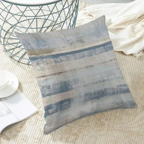 Vista 4 de Juego de 2 fundas de almohada bohemias de 16 x 16 pulgadas a rayas azules y grises, fundas decorativas rústicas abstractas de lino retro a rayas