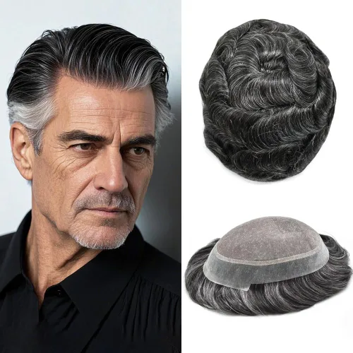 Vista 87 de Toupee para hombres Piezas de pelo fino mono para hombre Toupee sistema de reemplazo de pelo para hombres línea capilar natural para hombre postizo