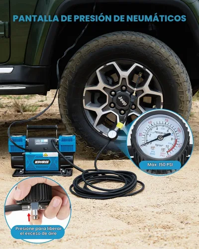 Vista 4 de Kohree Compresor de aire dual del cilindro 12V, inflador rápido