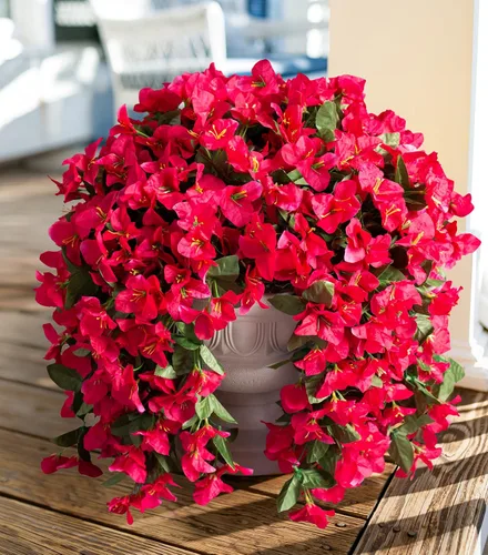 Vista 13 de Flores artificiales de Bouganville falsas para decoración al aire libre, 2 piezas de flores falsas de seda con vides largas colgantes resistentes a
