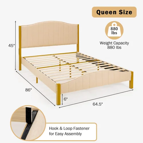 Vista 2 de GIANTEX Base de cama tapizada tamaño Queen, base de cama moderna con cabecera acolchada, base de colchón con soporte de listones de madera maciza