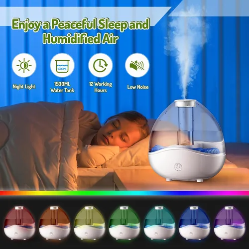 Vista 5 de Humidificadores de niebla fría para dormitorio, humidificador de aire ultrasónico pequeño silencioso de 1.5 litros con 5 filtros, luz nocturna