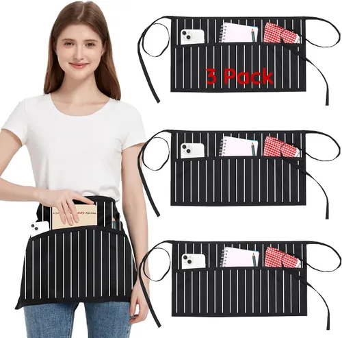 Vista 16 de Paquete de 3 delantales de cintura con 3 bolsillos, delantales de camarero unisex negros, delantales resistentes al agua para restaurante, chef y bar