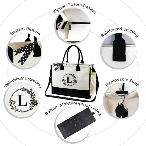 Vista 3 de BeeGreen Bolsa cruzada de lona con inicial con correa y cierre de cremallera, bolsas personalizadas para regalo de mujer