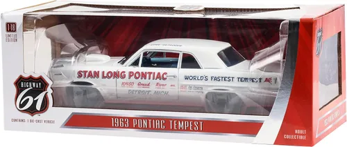 Vista 3 de 1963 Pontiac Tempest Blanco con interior azul Stan Long Pontiac, Detroit, Michigan El modelo Tempest más rápido del mundo 1/18 fundido a troquel por