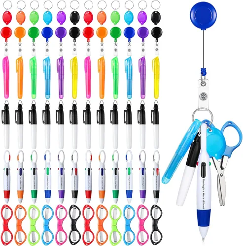 Vista 11 de Glenmal Juego de 72 mini rotuladores para enfermeras con mini tijeras, resaltador, bolígrafo de neón retráctil, llavero, clip, linterna, llavero