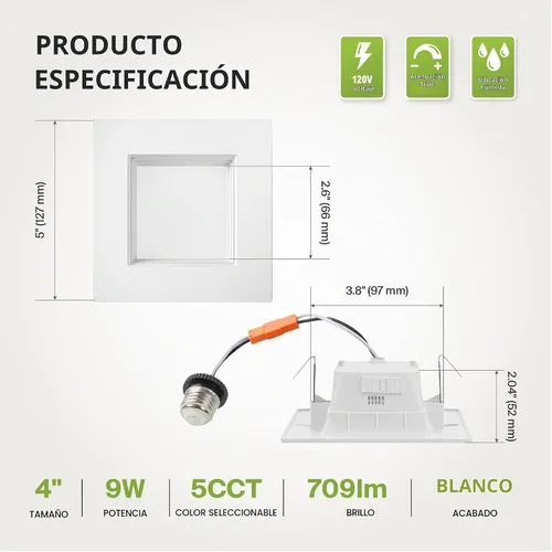 Vista 7 de ASD Iluminación LED empotrable cuadrada blanca de 4 pulgadas retrofit - 9W 709LM 2700/3000/3500/4000/5000K regulable seleccionable LED Downlight