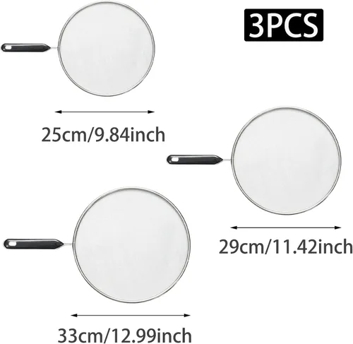 Vista 2 de 3 protectores contra salpicaduras para sartén con mango de silicona (9.8, 11.4, 13 pulgadas), protector de salpicaduras de grasa de acero inoxidable