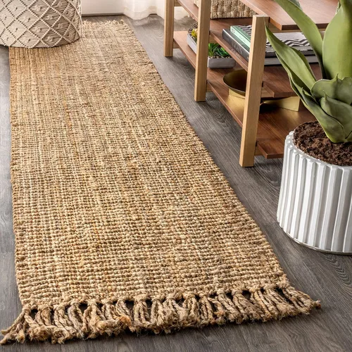 Vista 13 de JONATHAN Y Alfombra de yute tejida a mano con borlas color azul claro/gris, 5x8, Pata, estilo bohemio, rústico, de cabaña, fácil de limpiar