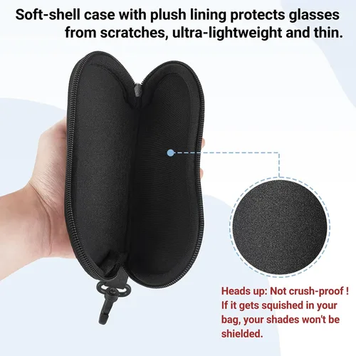 Vista 5 de Mkono Paquete de 2 fundas para lentes de sol, de neopreno, ultraligeras, de viaje, suaves, con clip, para hombres y mujeres, color negro