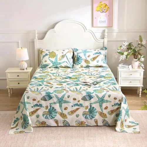 Vista 8 de ABREEZE Juego de sábanas de 4 piezas con temática de playa, 100% algodón, ropa de cama costera súper suave, color blanco, verde azulado, conchas