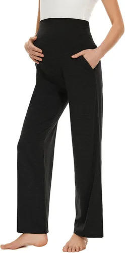 Vista 10 de Ecavus Pantalones de maternidad anchos y rectos para mujer, versátiles, cómodos, palazzo, elásticos, con bolsillos