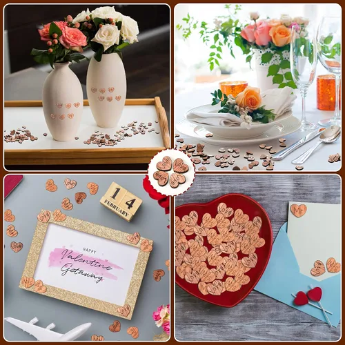 Vista 5 de Blulu 1000 piezas de confeti de corazón de madera pequeño para manualidades, mesa de boda rústica, centros de mesa de amor, decoración de tartas