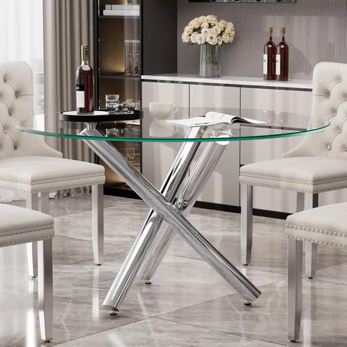 Vista 9 de Mesa de comedor redonda de vidrio para 2-3, parte superior de vidrio templado moderna, patas cromadas resistentes, almohadillas ajustables