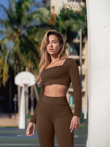 Vista 4 de OQQ Conjuntos de entrenamiento para mujer 2 piezas acanalados de manga larga leggings de cintura alta conjunto de yoga activo