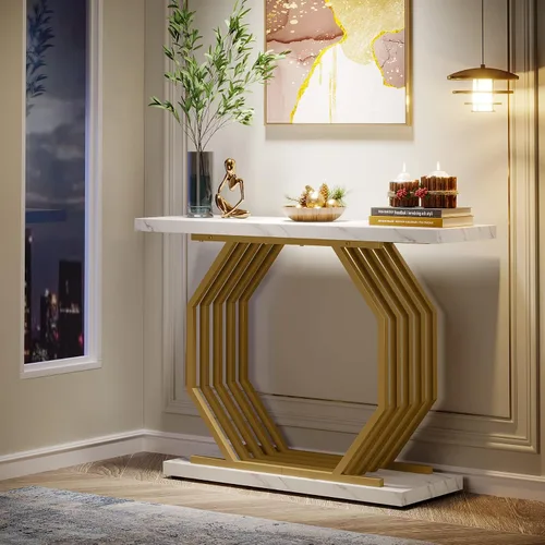 Vista 3 de Tribesigns Mesa Consola Dorada, Mesa de Entrada Estrecha de Mármol Sintético con Base de Metal Geométrica, Mesa de Acento Moderna de 40 Pulgadas