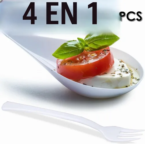Vista 7 de DLux 100 mini platos de aperitivo de 4 pulgadas con tenedores, cucharas de plástico blanco reutilizables, platos para servir postres y aperitivos