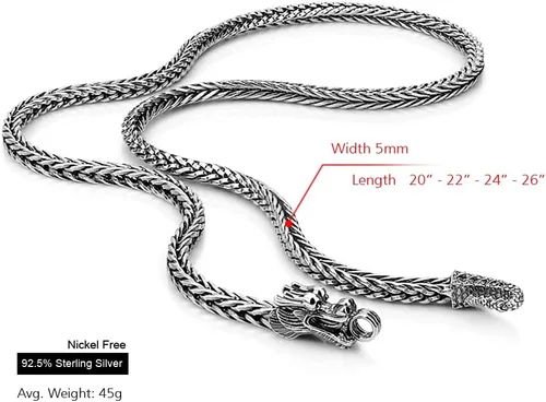 Vista 2 de Collar de plata de ley 925 de 0.197 in, collar de dragón realista de 20 pulgadas, 22 pulgadas, 24 pulgadas, 26 pulgadas, para hombres y mujeres