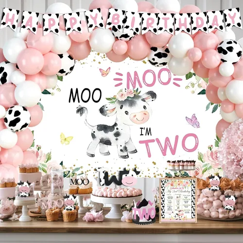 Vista 7 de Moo Moo Im Two Decoraciones de Cumpleaños para Niña, Decoraciones de 2do Cumpleaños para Niña, Telón de Fondo con Tema de Vaca, Pancarta de Globos