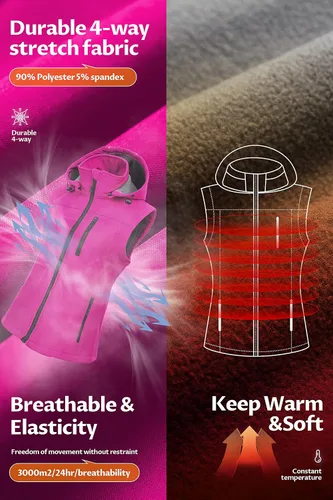 Vista 4 de CREATMO US Chaleco ligero de Softshell para mujer, chaqueta sin mangas cortavientos con capucha extraíble
