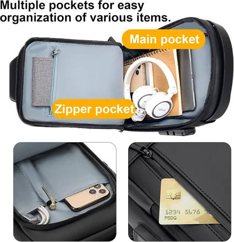 Vista 5 de Pequeñas bolsas antirrobo para hombre, mochila con correa USB, impermeable, ligera, con una correa, Negro -, Mochilas Daypack
