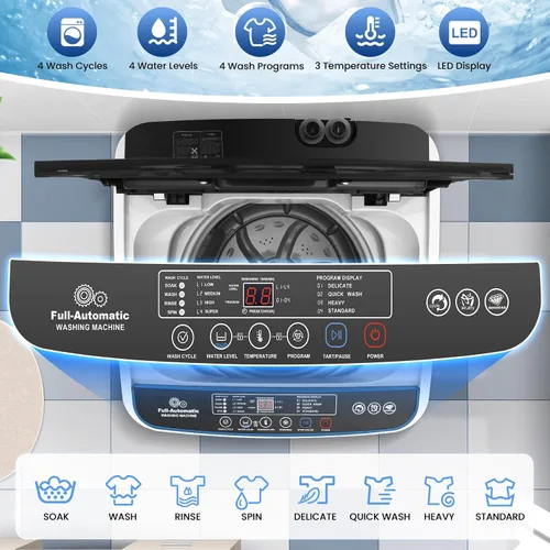 Vista 5 de Nictemaw Lavadora portátil de 20 libras, lavadora de carga superior completamente automática de 2.8 pies cúbicos con 4 programas, 4 niveles de agua