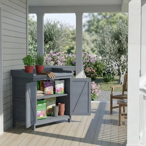 Vista 4 de Gabinete de Almacenamiento de Madera para Jardín Exterior Patio Muebles Cobertizo de Herramientas Impermeable con Bancos para Macetas Mesa de Gris