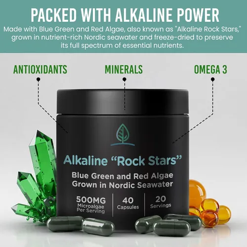 Vista 4 de Alkaline Rock Stars - Suplemento de algas azules, verdes y rojas - 500 mg Fitoplancton marino puro más astaxantina Rico en antioxidantes