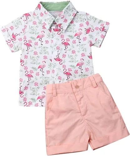 Vista 91 de Conjunto de camisa de manga corta con botones y pantalones cortos casuales con diseño de flamingo, para bebés y niños de 1 a 6 años, atuendos