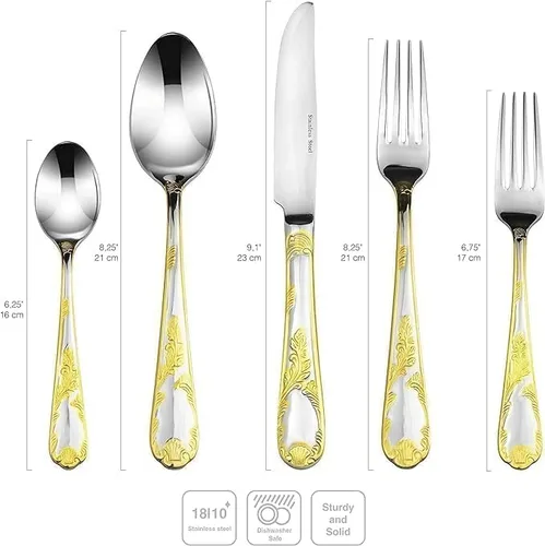 Vista 2 de Juego de cubiertos de lujo de 75 piezas para 12 con estuche de almacenamiento de oro de 24 quilates, servicio de cubiertos de comedor de alta