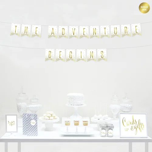 Vista 2 de Andaz Press Decoraciones divertidas de pancarta con diseño de confeti dorado metálico sobre blanco para fiestas de jubilación, la aventura comienza