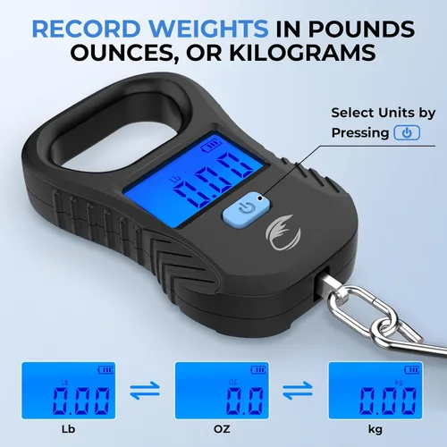 Vista 8 de Calamus Báscula de pescado ligera - Báscula digital recargable con cable USB, capacidad de 55 libras, unidades múltiples libras/onzas y kilogramos