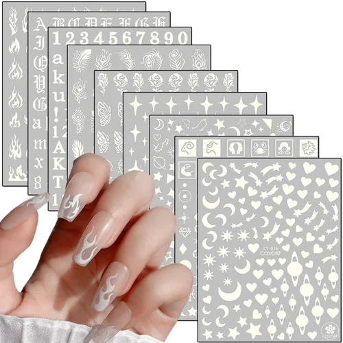 Vista 9 de Calcomanías abstractas para arte de uñas, holográficas, luminosas, 3D, autoadhesivas, hojas, flores, hojas, niñas, luna, decoración de uñas